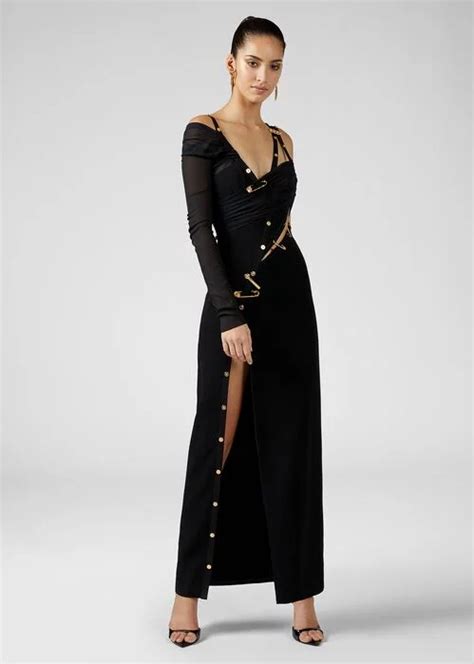 black versace dress with gold pins|Versace safety pin dress price.